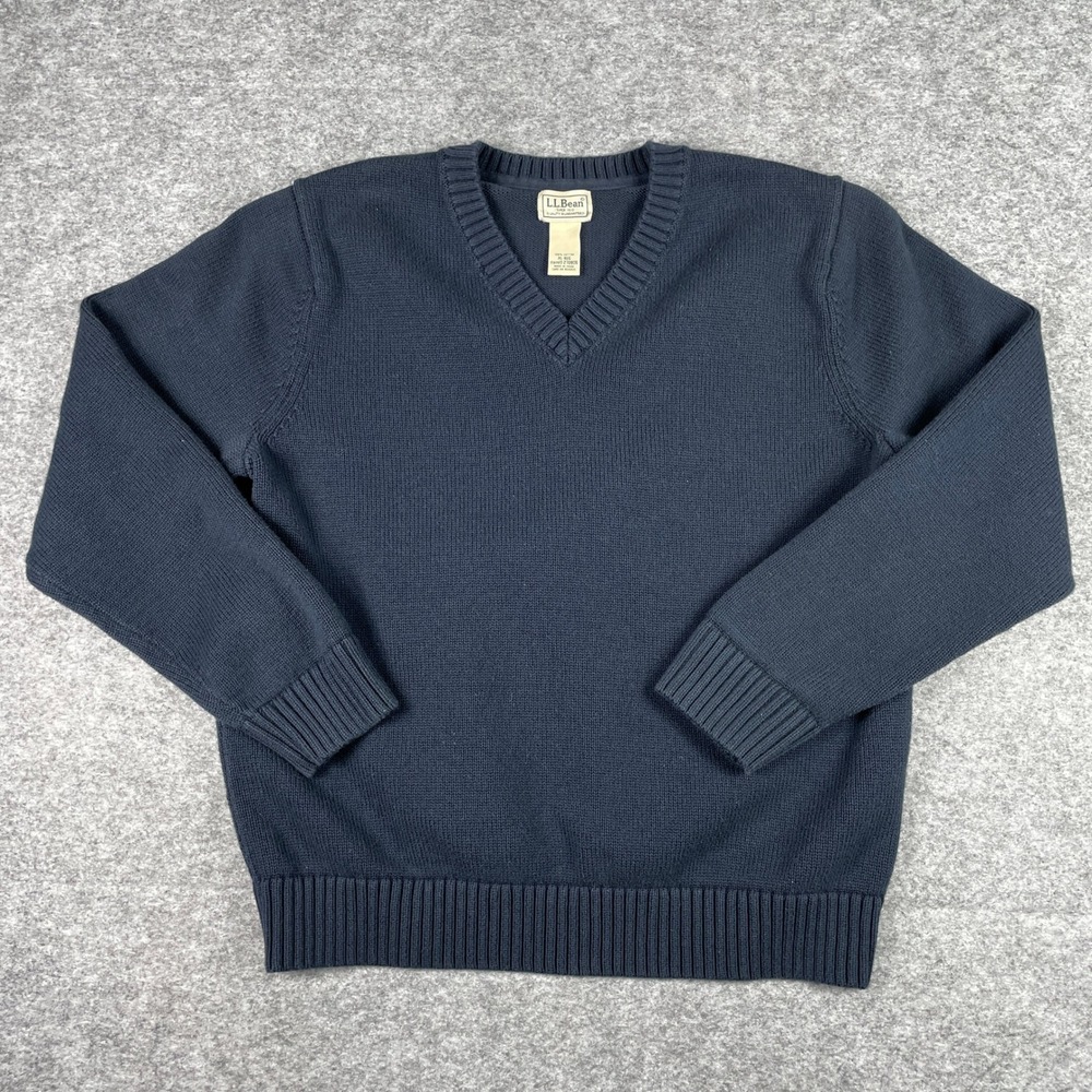 LL Bean V-Neck Sweater Mens XL Navy Blue Solid Cotton Knit Long Sleeve Outdoor